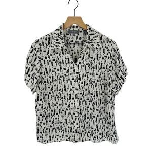 Vintage Kate Hill Button Down‎ Silk Shirt Novelty Print Short Sleeve Blouse 14W